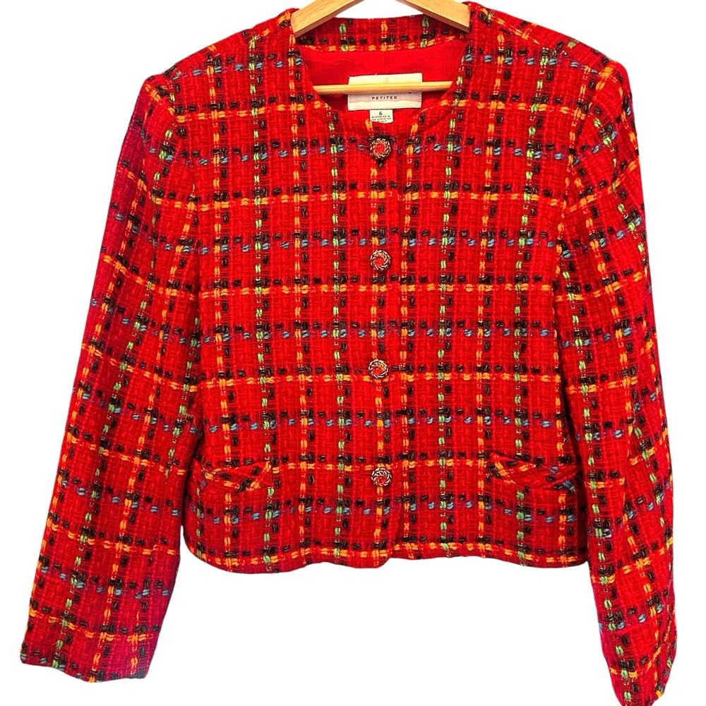 Vintage Red Tweed Plaid Jewel Button Cropped Blazer Jacket Petite 6 80s 90s Y2K